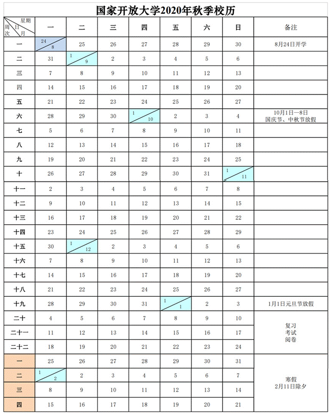 国家开放大学2020年秋季校历